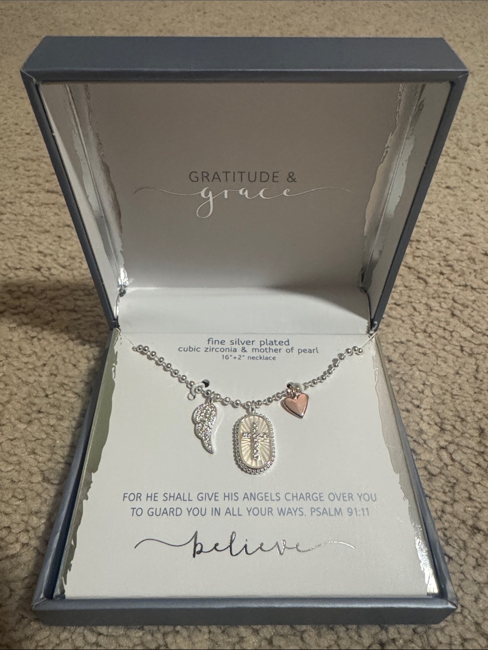 Silver-Plated Angel Charm Necklace with Rose Heart